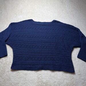 Womens Blue Crochet Open Knit Sweater Size L Loose Fit Casual Pullover Boat Neck